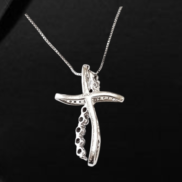 14K White Gold Convertible Cross Pendant with Natural Diamonds & Stud Earring